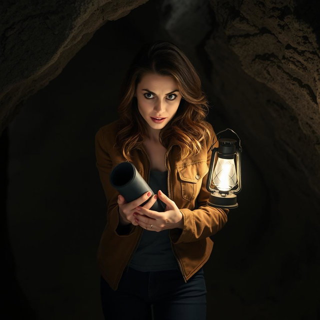 A brunette woman with wavy hair, wide eyes, and a horrified expression, standing in a shadowy cave as she looks at a black roll of paper clutched tightly in her hands