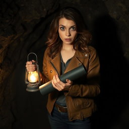 A brunette woman with wavy hair, wide eyes, and a horrified expression, standing in a shadowy cave as she looks at a black roll of paper clutched tightly in her hands