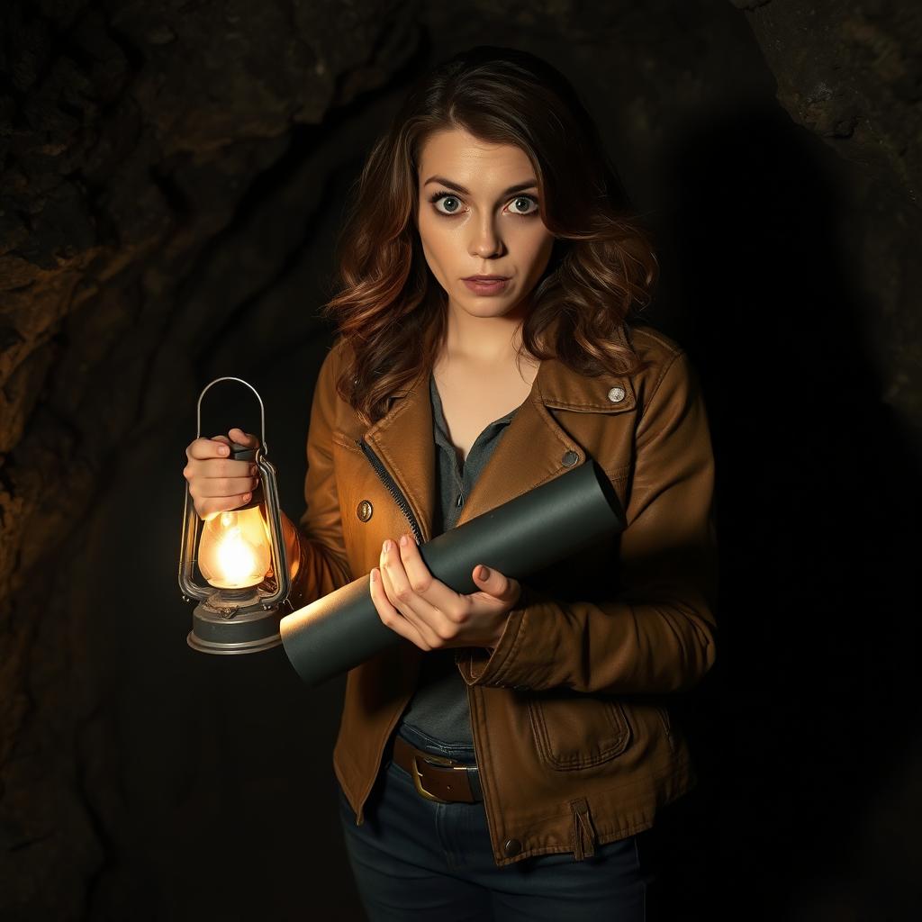 A brunette woman with wavy hair, wide eyes, and a horrified expression, standing in a shadowy cave as she looks at a black roll of paper clutched tightly in her hands