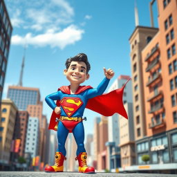Depict a whimsical and imaginative scene featuring a superhuman character in a vibrant Superman suit, but instead of traditional threads, the suit is designed with oversized, colorful screws and bolts as a creative twist