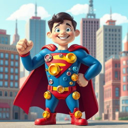 Depict a whimsical and imaginative scene featuring a superhuman character in a vibrant Superman suit, but instead of traditional threads, the suit is designed with oversized, colorful screws and bolts as a creative twist