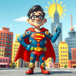 Depict a whimsical and imaginative scene featuring a superhuman character in a vibrant Superman suit, but instead of traditional threads, the suit is designed with oversized, colorful screws and bolts as a creative twist