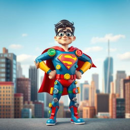 Depict a whimsical and imaginative scene featuring a superhuman character in a vibrant Superman suit, but instead of traditional threads, the suit is designed with oversized, colorful screws and bolts as a creative twist