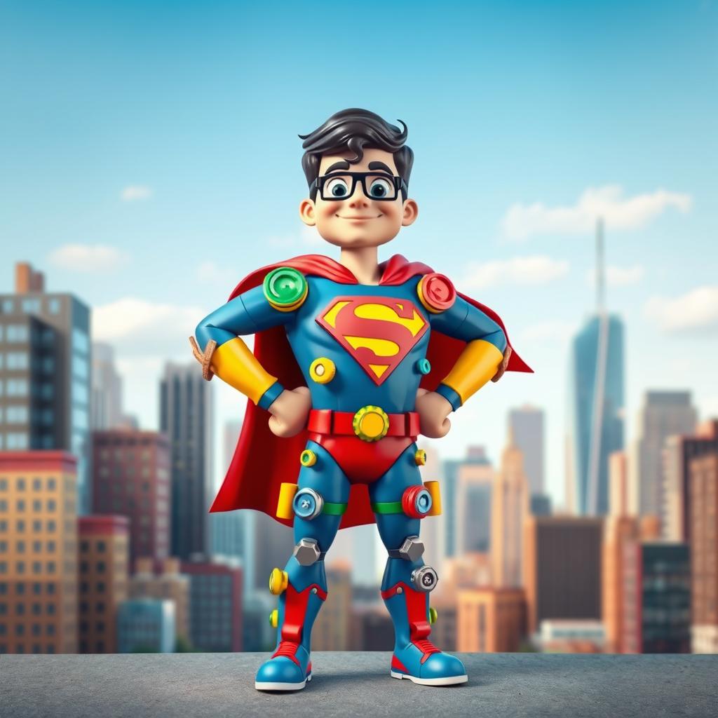 Depict a whimsical and imaginative scene featuring a superhuman character in a vibrant Superman suit, but instead of traditional threads, the suit is designed with oversized, colorful screws and bolts as a creative twist
