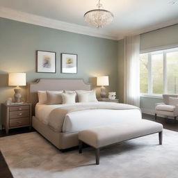 Generate an image of a tranquil and stylish bedroom, featuring a plush bed, elegant furnishings, soft lighting, and soothing color palette.