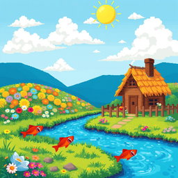 An artistic representation of vibrant pixel art featuring a whimsical landscape