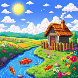 An artistic representation of vibrant pixel art featuring a whimsical landscape
