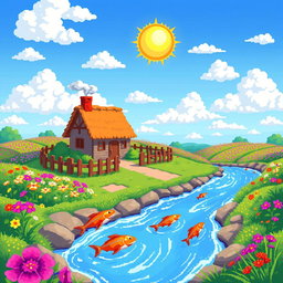 An artistic representation of vibrant pixel art featuring a whimsical landscape