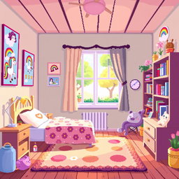 A cozy and colorful pixel art representation of a young girl's room, filled with charming details