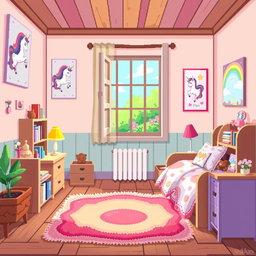 A cozy and colorful pixel art representation of a young girl's room, filled with charming details