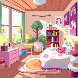 A cozy and colorful pixel art representation of a young girl's room, filled with charming details