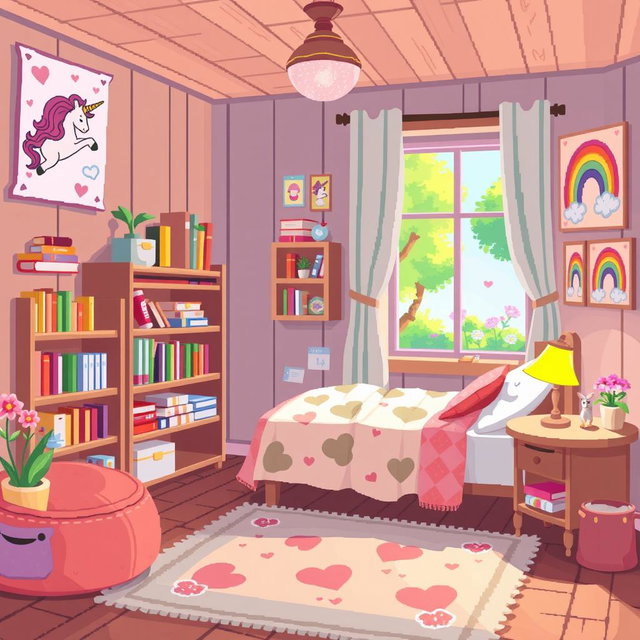 A cozy and colorful pixel art representation of a young girl's room, filled with charming details