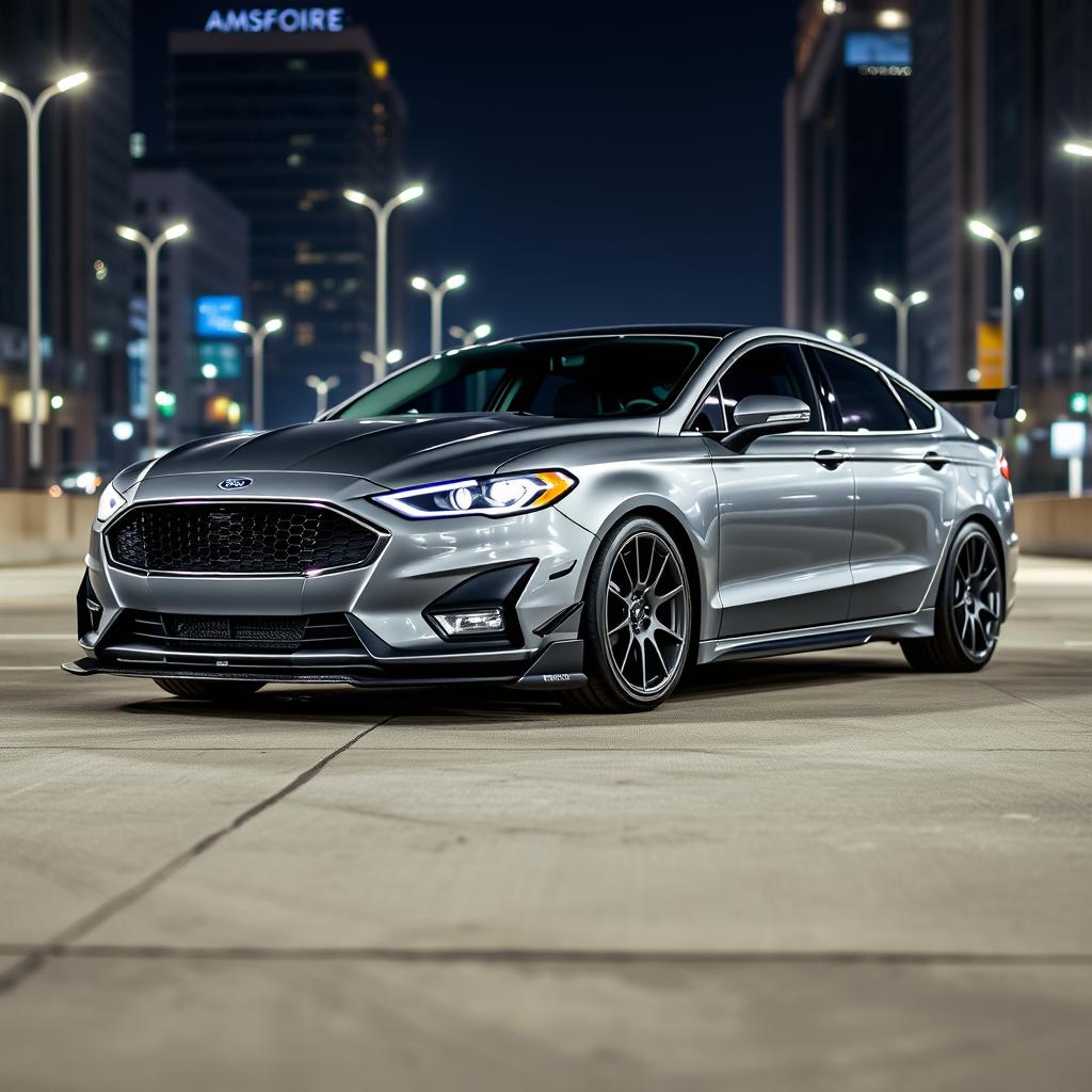 A stunning 2019 Ford Fusion featuring a sleek gray exterior with an aggressive front splitter and a sporty rear wing