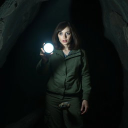 A brunette woman with shoulder-length hair, wide eyes filled with horror, standing in a dimly lit cave, holding a flashlight that illuminates a small black log on the ground in front of her