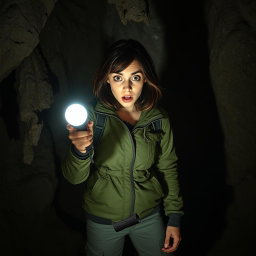 A brunette woman with shoulder-length hair, wide eyes filled with horror, standing in a dimly lit cave, holding a flashlight that illuminates a small black log on the ground in front of her