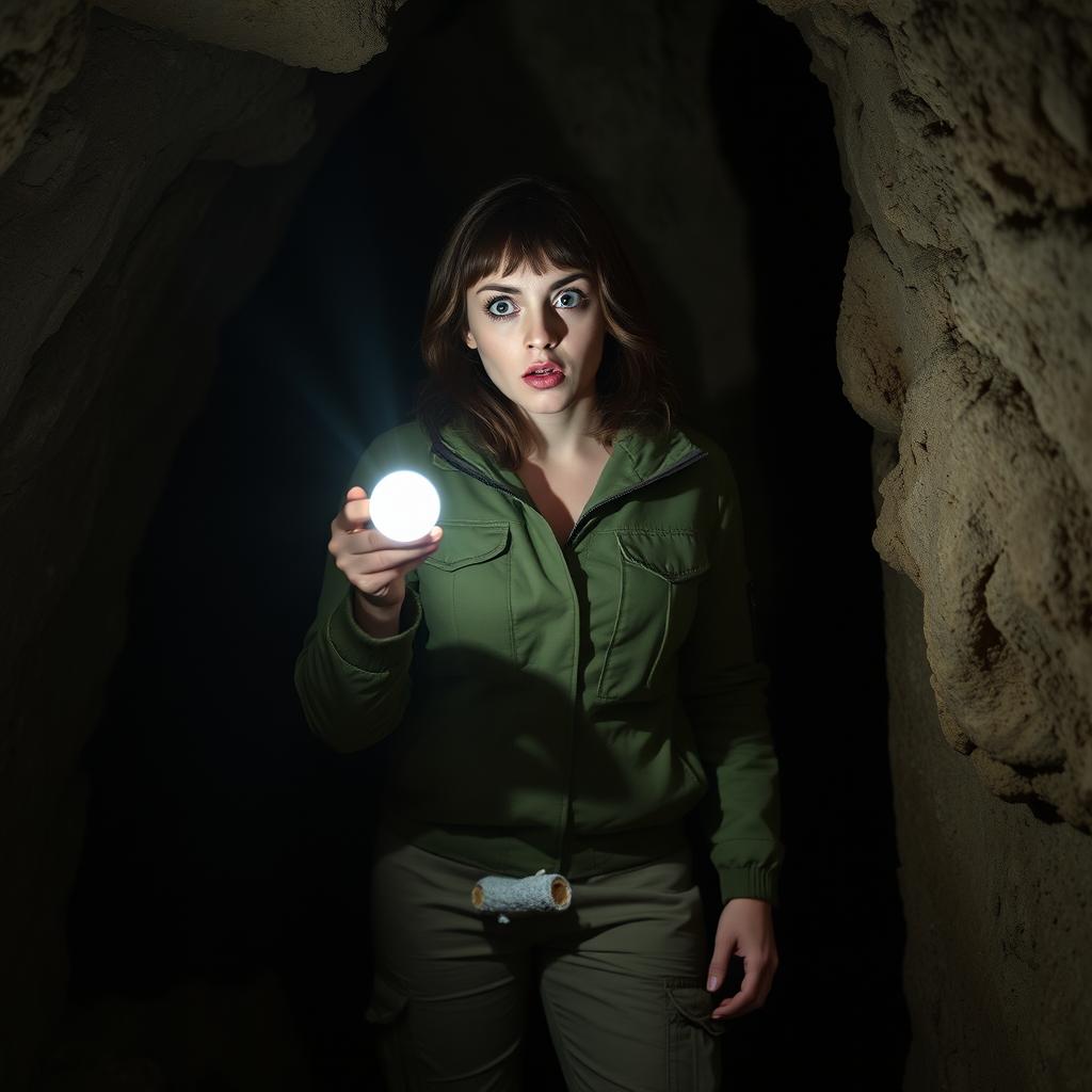 A brunette woman with shoulder-length hair, wide eyes filled with horror, standing in a dimly lit cave, holding a flashlight that illuminates a small black log on the ground in front of her