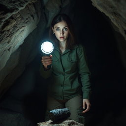 A brunette woman with shoulder-length hair, wide eyes filled with horror, standing in a dimly lit cave, holding a flashlight that illuminates a small black log on the ground in front of her