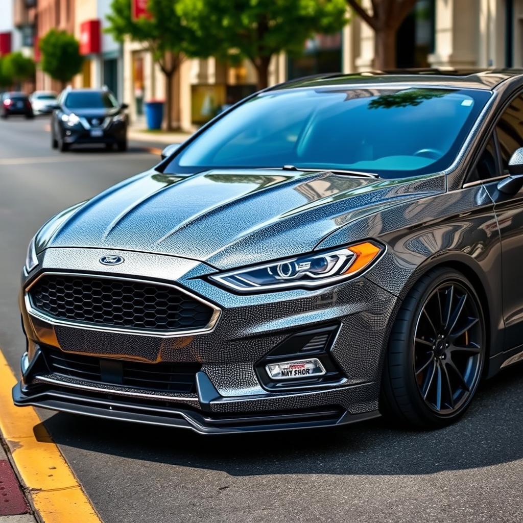 A striking 2019 Ford Fusion with a captivating gray sparkle finish that catches the light beautifully