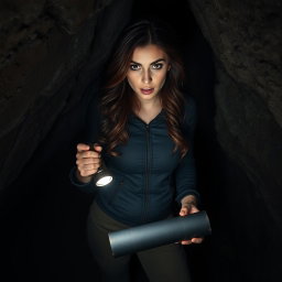A brunette woman with cascading waves of hair, her eyes wide with horror, standing in a dimly lit cave while holding a flashlight that beams down on a mysterious black rolled-up scroll resting on the ground