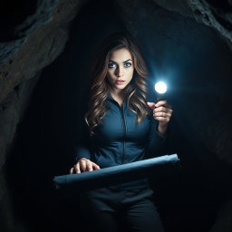 A brunette woman with cascading waves of hair, her eyes wide with horror, standing in a dimly lit cave while holding a flashlight that beams down on a mysterious black rolled-up scroll resting on the ground
