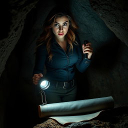 A brunette woman with cascading waves of hair, her eyes wide with horror, standing in a dimly lit cave while holding a flashlight that beams down on a mysterious black rolled-up scroll resting on the ground