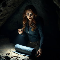 A brunette woman with cascading waves of hair, her eyes wide with horror, standing in a dimly lit cave while holding a flashlight that beams down on a mysterious black rolled-up scroll resting on the ground