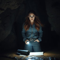 A brunette woman with long, flowing hair, wide eyes filled with horror, stands in a dimly lit cave, her flashlight illuminating a black rolled-up scroll on the damp ground before her
