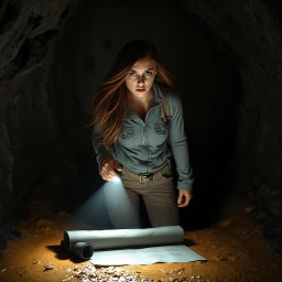 A brunette woman with long, flowing hair, wide eyes filled with horror, stands in a dimly lit cave, her flashlight illuminating a black rolled-up scroll on the damp ground before her