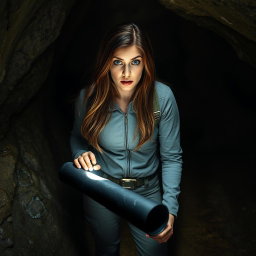 A brunette woman with long, flowing hair, wide eyes filled with horror, stands in a dimly lit cave, her flashlight illuminating a black rolled-up scroll on the damp ground before her