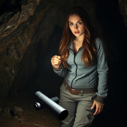 A brunette woman with long, flowing hair, wide eyes filled with horror, stands in a dimly lit cave, her flashlight illuminating a black rolled-up scroll on the damp ground before her