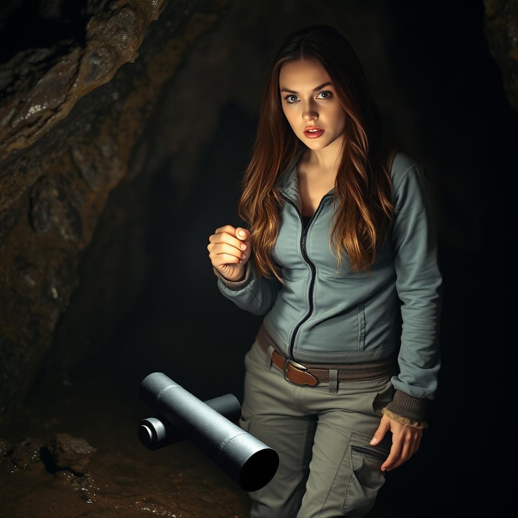 A brunette woman with long, flowing hair, wide eyes filled with horror, stands in a dimly lit cave, her flashlight illuminating a black rolled-up scroll on the damp ground before her