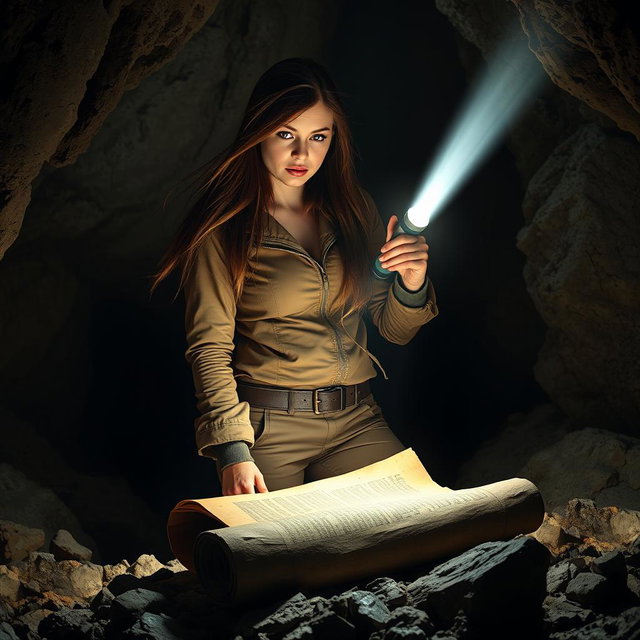 A brunette woman with long, flowing hair and a look of horror on her face stands in a dimly lit cave, holding a flashlight that casts a beam of light on an old, black rolled-up scroll resting on the rocky ground before her