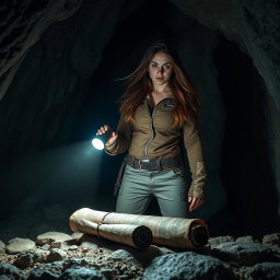 A brunette woman with long, flowing hair and a look of horror on her face stands in a dimly lit cave, holding a flashlight that casts a beam of light on an old, black rolled-up scroll resting on the rocky ground before her