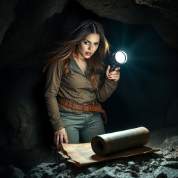 A brunette woman with long, flowing hair and a look of horror on her face stands in a dimly lit cave, holding a flashlight that casts a beam of light on an old, black rolled-up scroll resting on the rocky ground before her