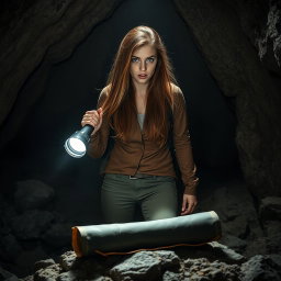 A brunette woman with long, flowing hair and a look of horror on her face stands in a dimly lit cave, holding a flashlight that casts a beam of light on an old, black rolled-up scroll resting on the rocky ground before her