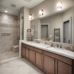 Generate an image of a luxury bathroom with modern fixtures, soothing colors, a large mirror, and high-end amenities.