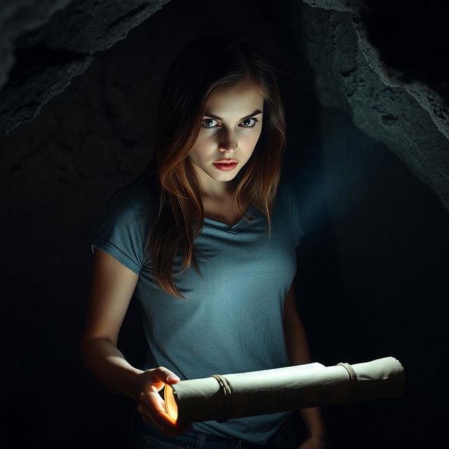 A brunette woman wearing a casual tee shirt stands inside a dimly lit cave, her expression one of sheer horror as she shines a flashlight on an old, black rolled-up scroll lying ominously on the cave floor