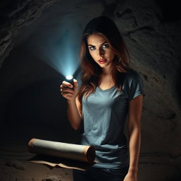 A brunette woman wearing a casual tee shirt stands inside a dimly lit cave, her expression one of sheer horror as she shines a flashlight on an old, black rolled-up scroll lying ominously on the cave floor