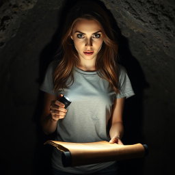 A brunette woman wearing a casual tee shirt stands inside a dimly lit cave, her expression one of sheer horror as she shines a flashlight on an old, black rolled-up scroll lying ominously on the cave floor