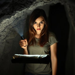 A brunette woman wearing a casual tee shirt stands inside a dimly lit cave, her expression one of sheer horror as she shines a flashlight on an old, black rolled-up scroll lying ominously on the cave floor