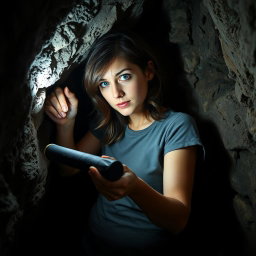 A brunette woman wearing a casual tee shirt is inside a dimly lit cave, her focused expression revealing determination as she uses a flashlight to pull an old black rolled-up scroll out of a small hole in the rocky wall