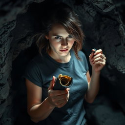 A brunette woman wearing a casual tee shirt is inside a dimly lit cave, her focused expression revealing determination as she uses a flashlight to pull an old black rolled-up scroll out of a small hole in the rocky wall