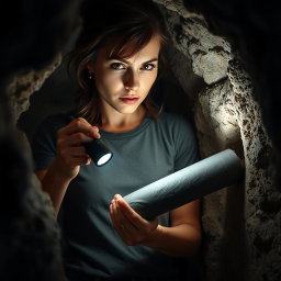 A brunette woman wearing a casual tee shirt is inside a dimly lit cave, her focused expression revealing determination as she uses a flashlight to pull an old black rolled-up scroll out of a small hole in the rocky wall