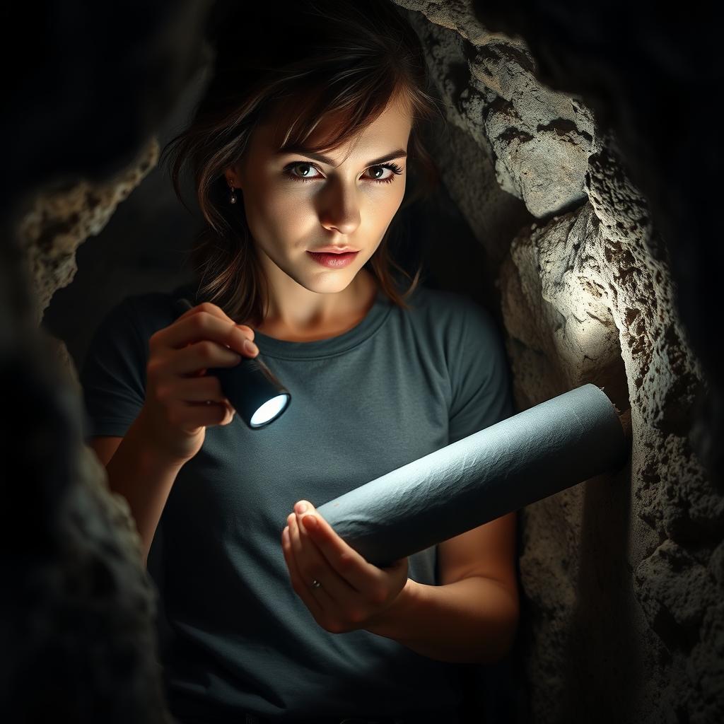 A brunette woman wearing a casual tee shirt is inside a dimly lit cave, her focused expression revealing determination as she uses a flashlight to pull an old black rolled-up scroll out of a small hole in the rocky wall