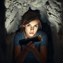 A brunette woman wearing a casual tee shirt is inside a dimly lit cave, her focused expression revealing determination as she uses a flashlight to pull an old black rolled-up scroll out of a small hole in the rocky wall