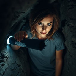A brunette woman in a casual tee shirt is inside a dimly lit cave, her expression one of concentration as she uses a flashlight to pull a ragged black rolled-up scroll out of a small hole in the rocky wall