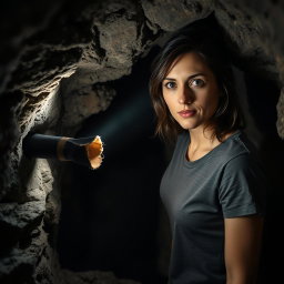 A brunette woman in a casual tee shirt is inside a dimly lit cave, her expression one of concentration as she uses a flashlight to pull a ragged black rolled-up scroll out of a small hole in the rocky wall