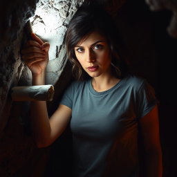 A brunette woman in a casual tee shirt is inside a dimly lit cave, her expression one of concentration as she uses a flashlight to pull a ragged black rolled-up scroll out of a small hole in the rocky wall