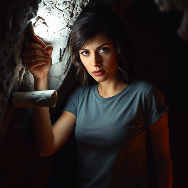 A brunette woman in a casual tee shirt is inside a dimly lit cave, her expression one of concentration as she uses a flashlight to pull a ragged black rolled-up scroll out of a small hole in the rocky wall