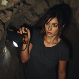 A brunette woman in a casual tee shirt is inside a dimly lit cave, her expression one of concentration as she uses a flashlight to pull a ragged black rolled-up scroll out of a small hole in the rocky wall